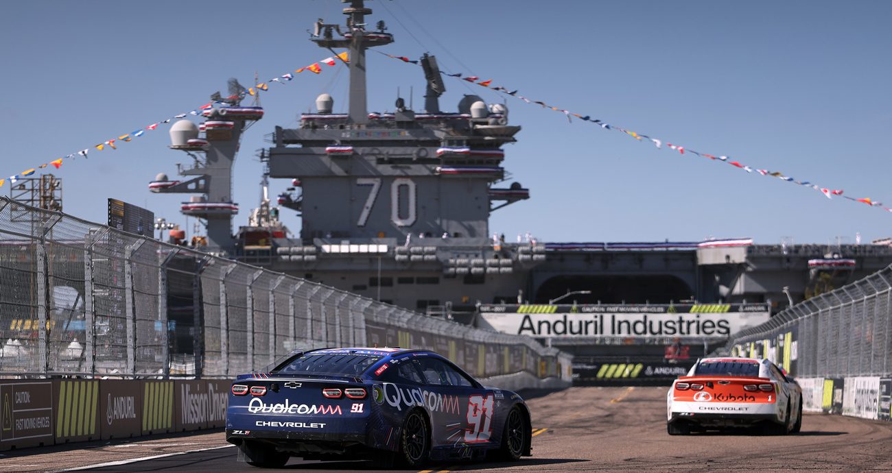 Kevin Magnussen, driver of the No. 91 Qualcomm Chevrolet, drives during the NASCAR Cup Series Anduril 250 at Naval Base Coronado on June 21, 2026 in San Diego, California.