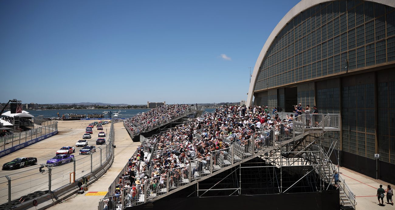 A general view of racing during the NASCAR Cup Series Anduril 250 at Naval Base Coronado on June 21, 2026 in San Diego, California.