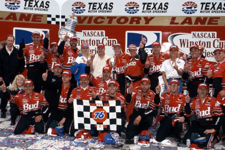 Dale Earnhardt Jr. and the No. 8 team pose for a photo in Victory Lane at Texas Motor Speedway.