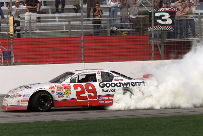 Kevin Harvick does a celebratory burnout in the No. 29 Chevrolet.