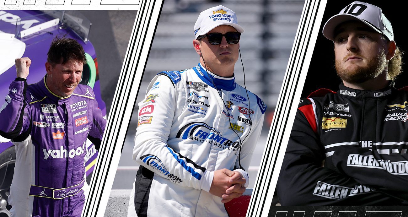 Split-screen graphic of Denny Hamlin celebrating at Las Vegas, Zane Smith sitting on the pit walll at Martinsville and Ty Dillon with arms folded across his chest at Daytona.