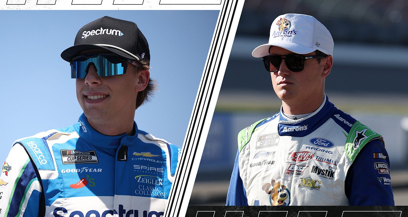 a split image graphic of carson hocevar and zane smith
