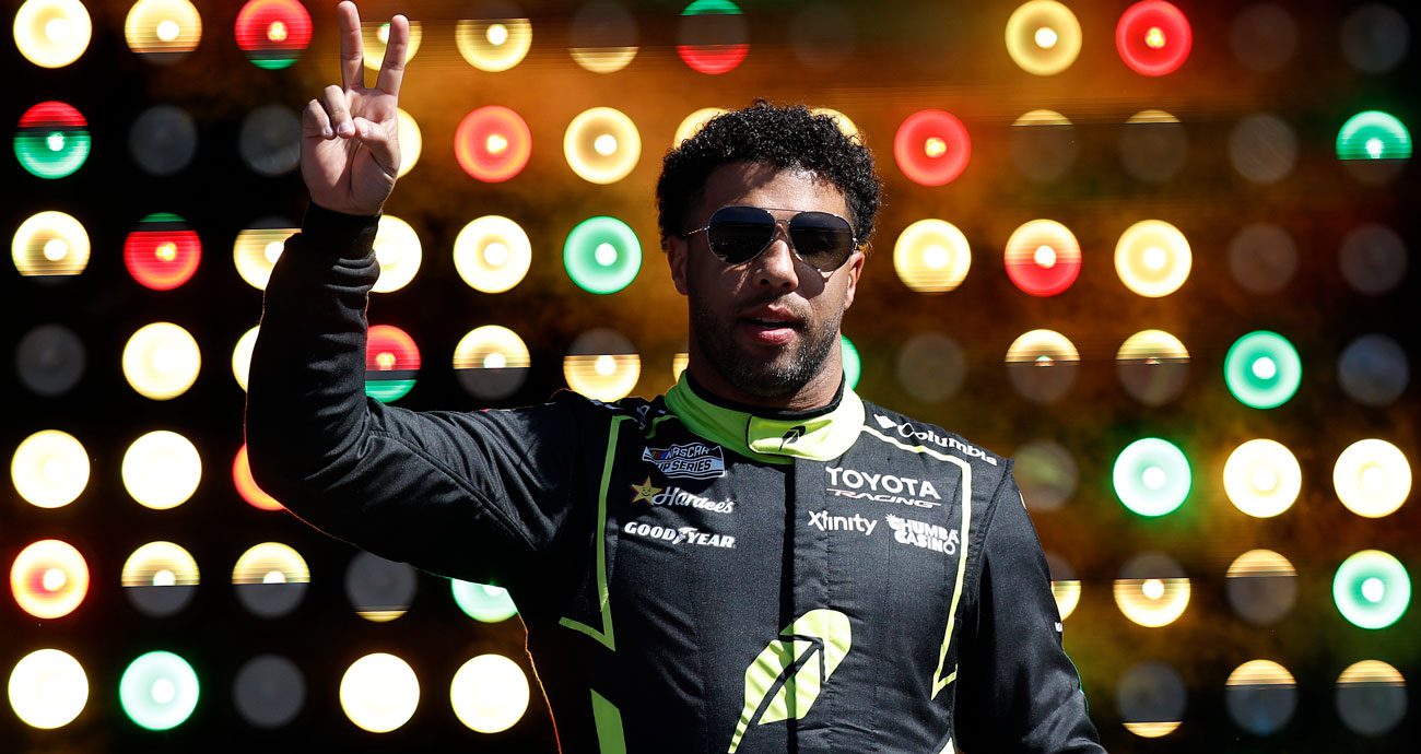 Bubba Wallace waves during NASCAR Cup Series driver intros.