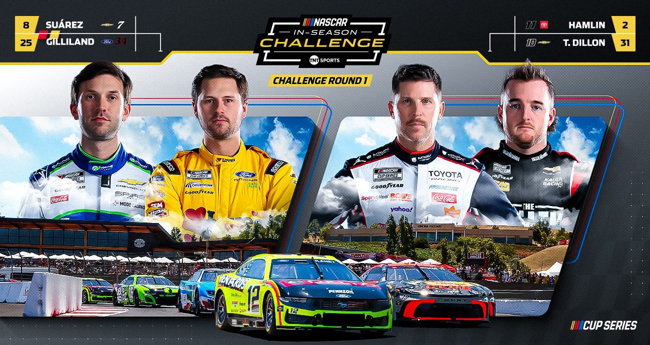 Tune-in graphic for Sonoma featuring the NASCAR In-Season Challenge starting on TNT Sports with Daniel Suárez, Todd Gilliland, Denny Hamlin and Ty Dillon pictured from left to right.