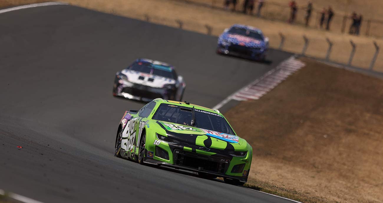 AJ Allmendinger's No. 16 Chevy leads a group of cars through the curves at Sonoma Raceway