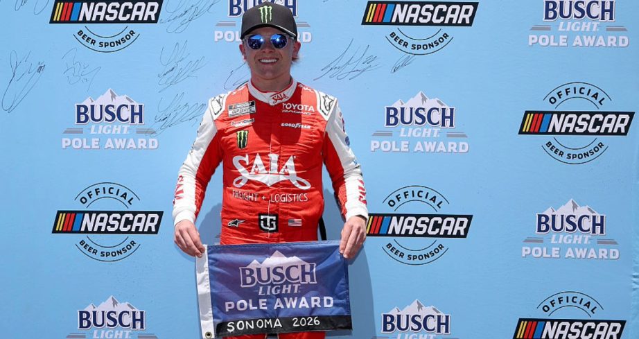 Ty Gibbs celebrates after winning the pole at Sonoma.