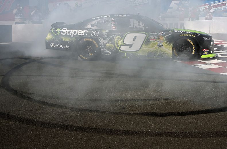 Shane van Gisbergen does a burnout at Sonoma.