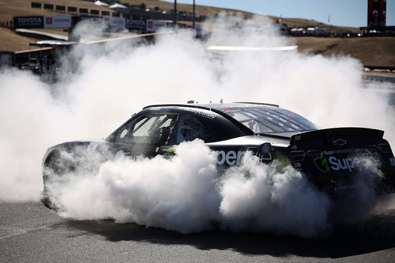 Shane van Gisbergen does a burnout at Sonoma.