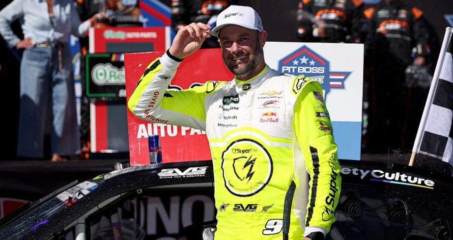 Shane van Gisbergen celebrates in Victory Lane after winning at Sonoma.
