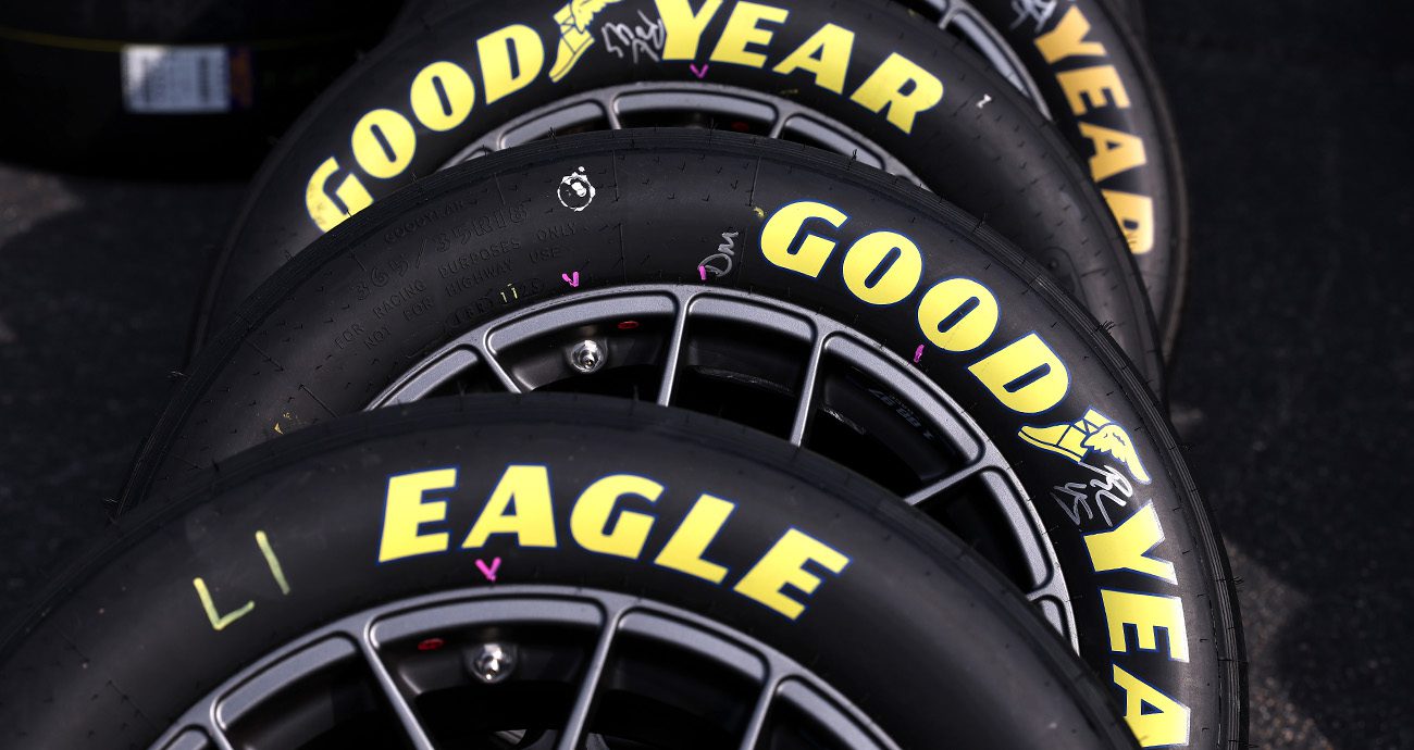 Goodyear Racing tires before a NASCAR race on March 21, 2026, at Darlington Raceway.