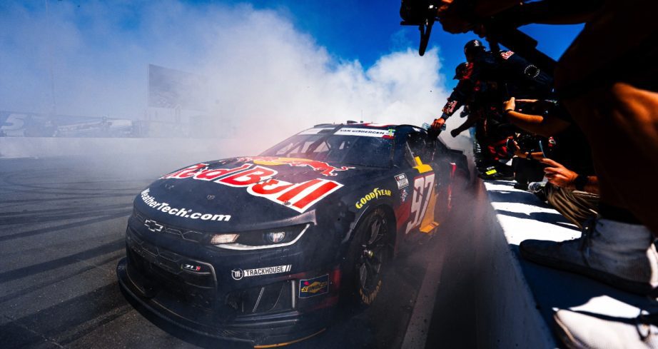 Shane van Gisbergen does a burnout at Sonoma.