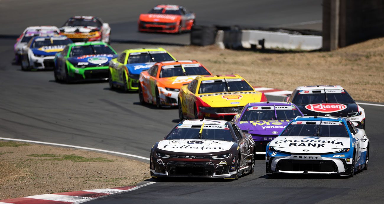 NASCAR Cup Series cars race at Sonoma Raceway.