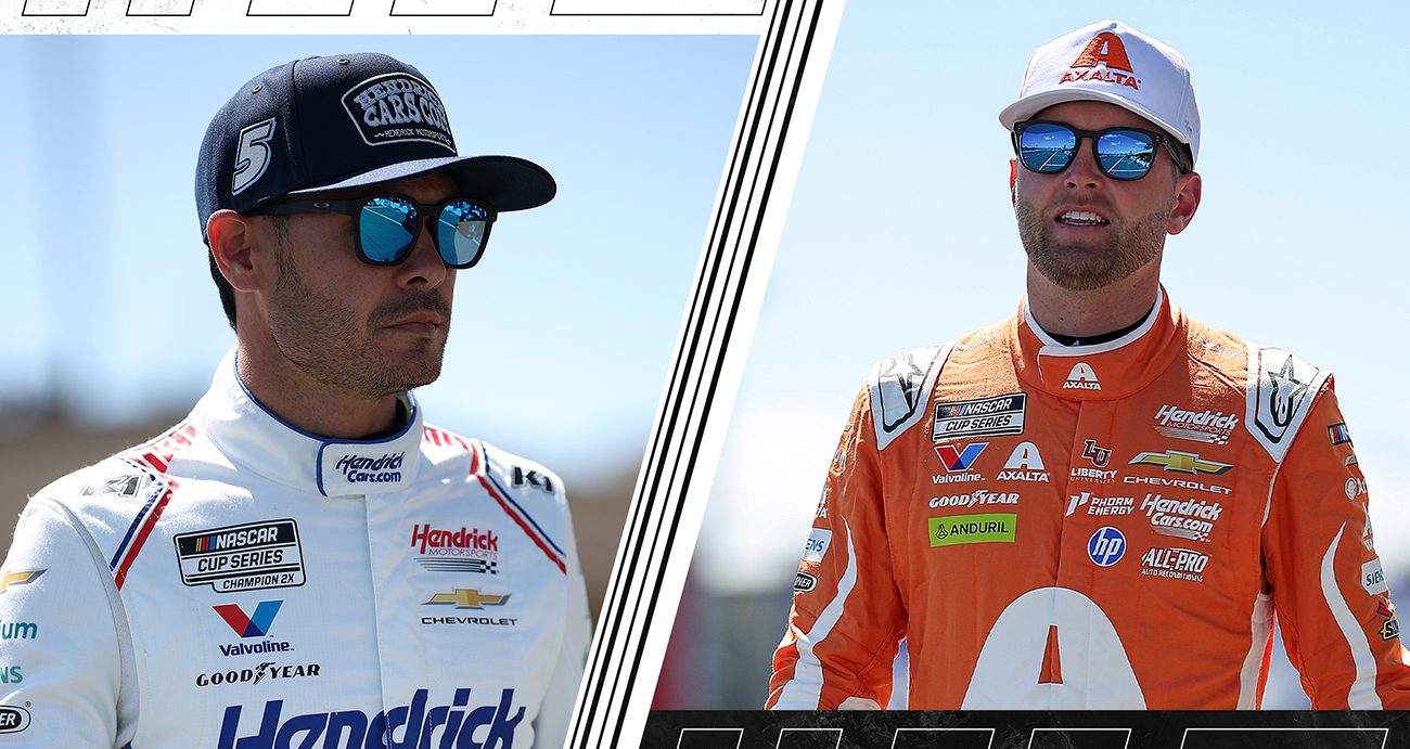 a split image graphic featuring kyle larson and william byron, NASCAR.com's matchup of the week for round 2 of the 2026 in-season challenge.