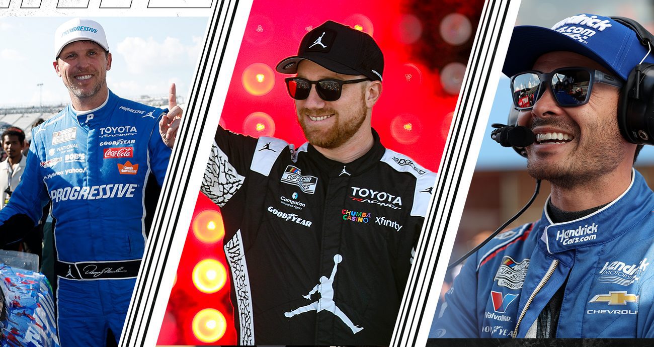 Denny Hamlin, Tyler Reddick and Kyle Larson in a graphic separated by diagonal bars.