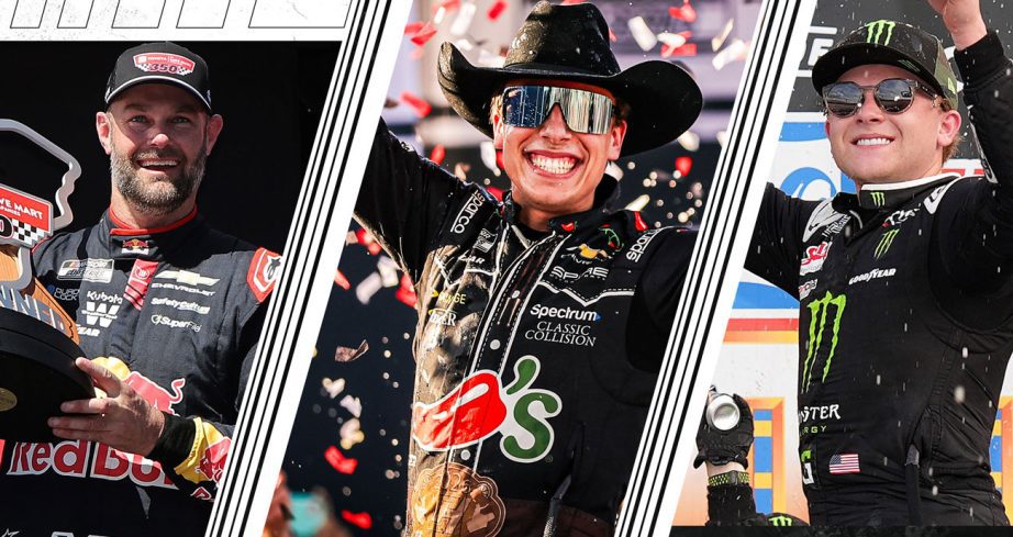 A split image depicting Shane van Gisbergen (L), Carson Hocevar (C) and Ty Gibbs (R).
