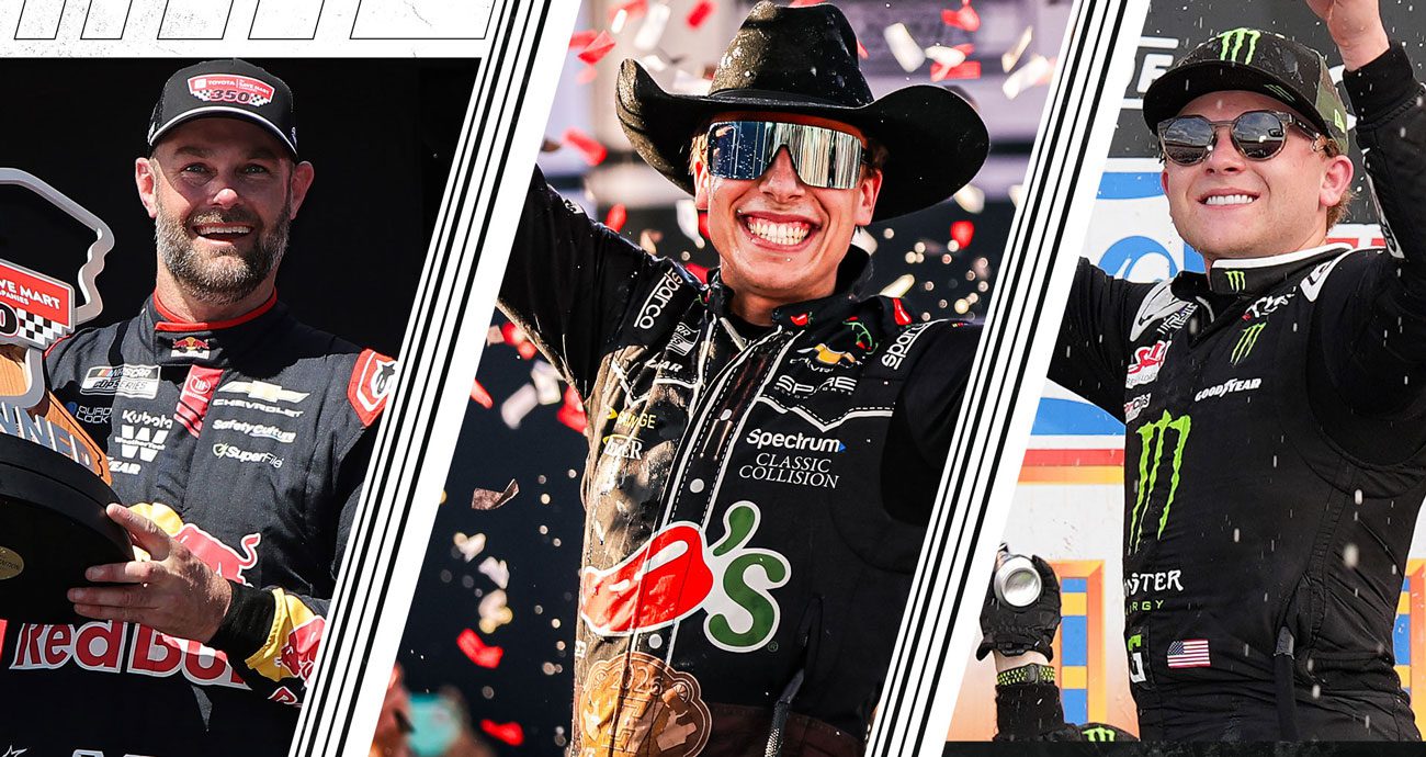 A split image depicting Shane van Gisbergen (L), Carson Hocevar (C) and Ty Gibbs (R).