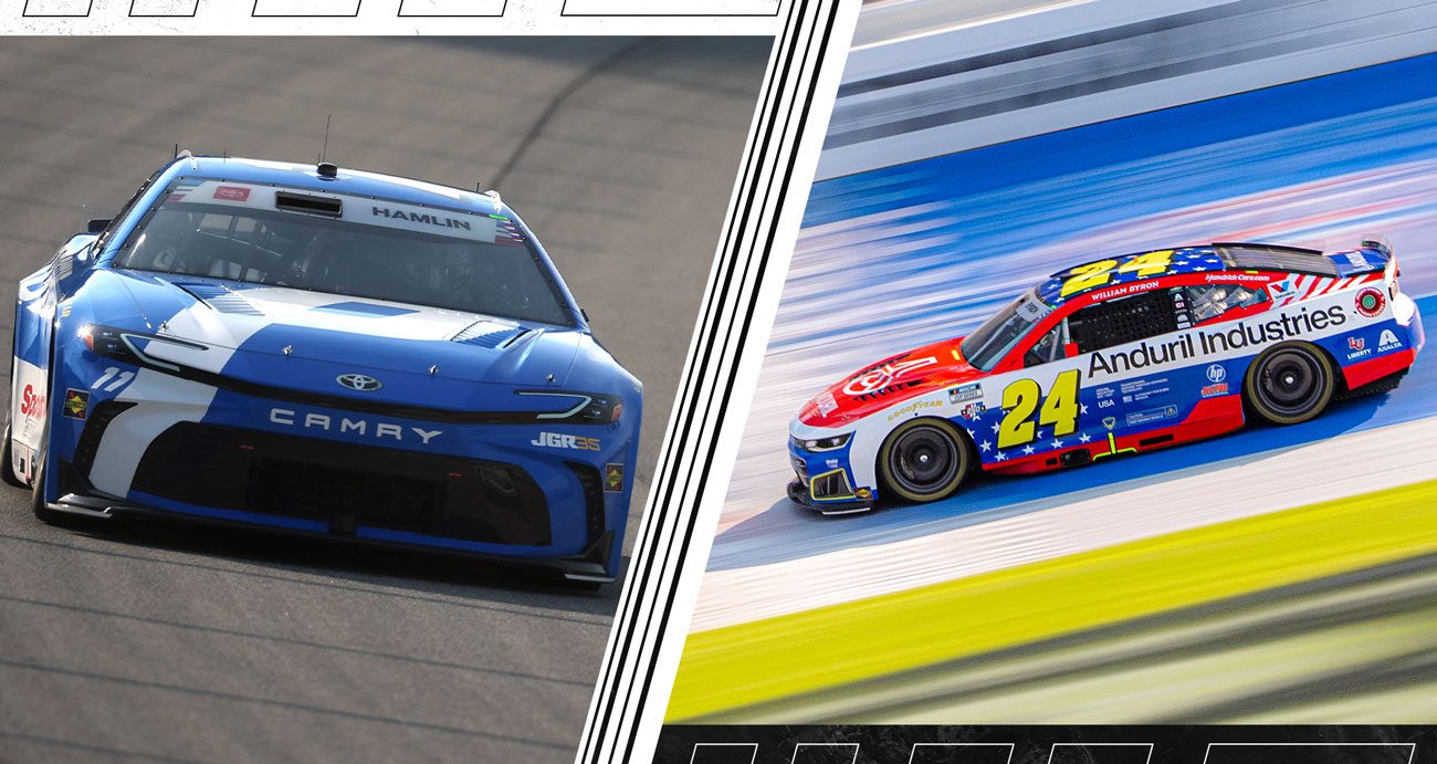 Denny Hamlin and William Byron drive at Chicagoland Speedway.