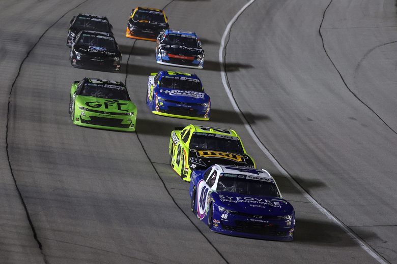View of racing at Chicagoland Speedway.