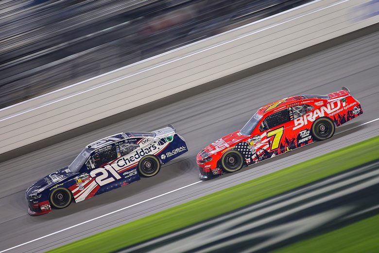 View of cars racing at Chicagoland.