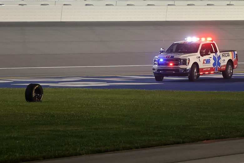 Truck on track chases a tire.
