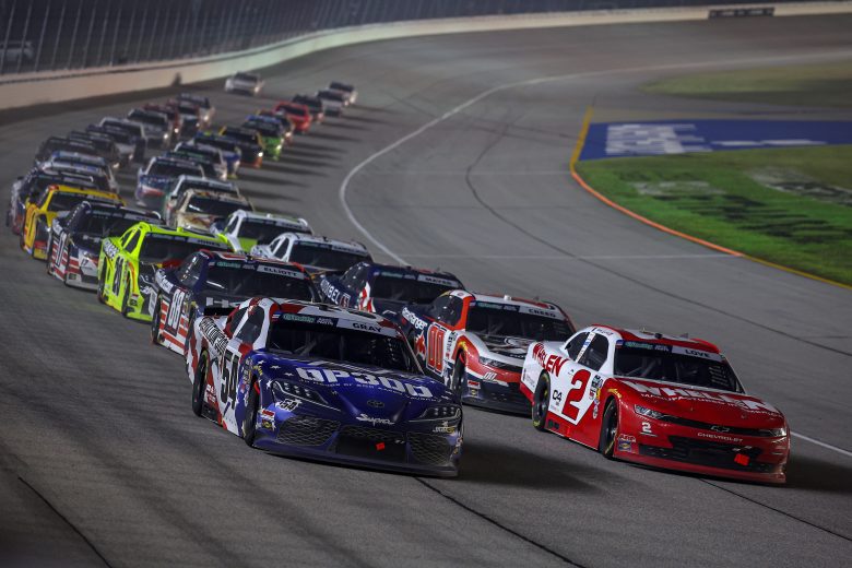 Cars line up for restart.