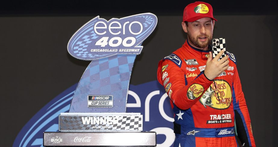 Chase Briscoe takes a selfie in Victory Lane at Chicagoland Speedway.