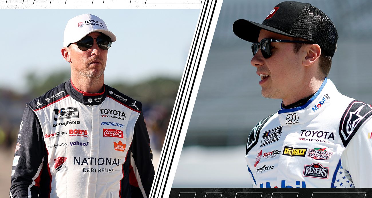 A split image of Denny Hamlin and Christopher Bell, who are featured in the In-Season Challenge Round 3 Matchup of the Week at EchoPark Speedway.