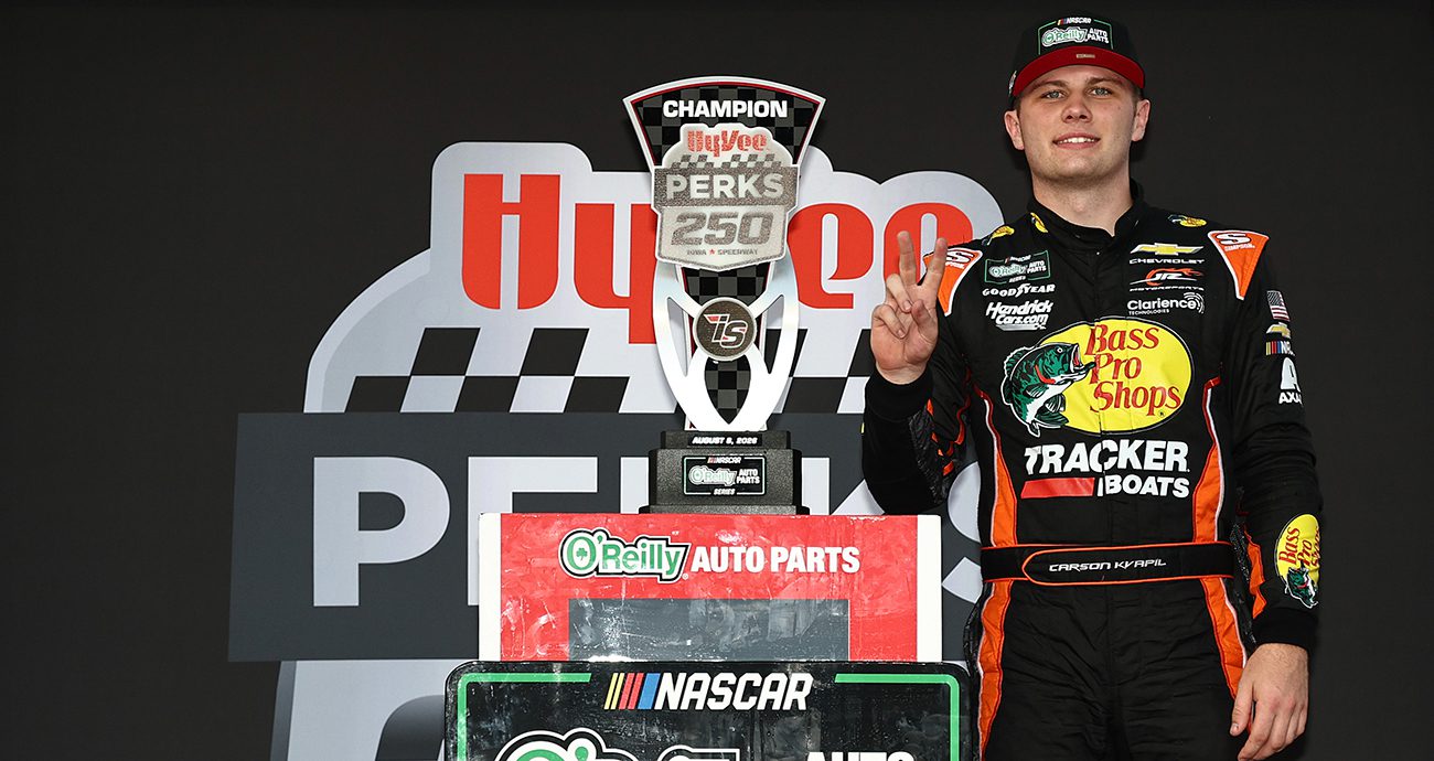carson kvapil after winning the o'reilly auto parts series race at iowa