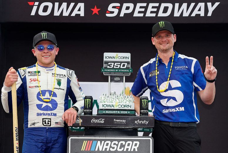 Ty Gibbs and crew chief Tyler Allen celebrate in Victory Lane at Iowa.