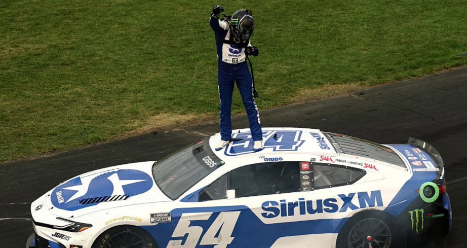 Ty Gibbs celebrates after winning at Iowa.