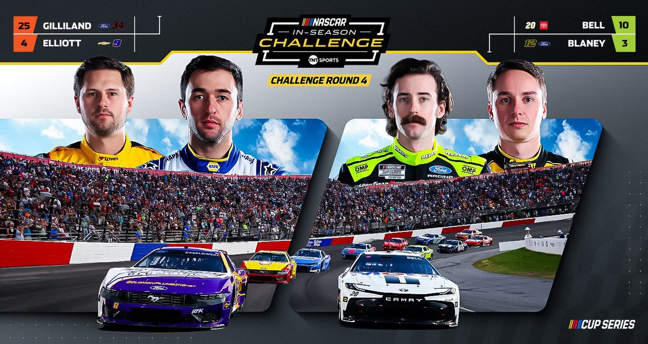 Tune-in graphic for North Wilkesboro featuring In-Season Challenge Round 4 and drivers Todd Gilliland, Chase Elliott, Ryan Blaney and Christopher Bell.