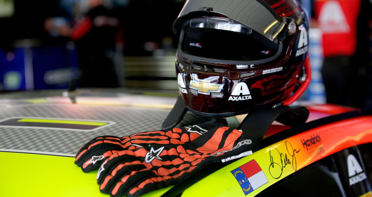 A view of Dale Earnhardt Jr.'s gloves and helmet.