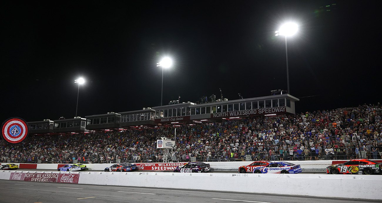 NORTH WILKESBORO, NORTH CAROLINA - MAY 18: A general view of racing during the NASCAR Cup Series All-Star Race at North Wilkesboro Speedway on May 18, 2025 in North Wilkesboro, North Carolina. (Photo by James Gilbert/Getty Images)