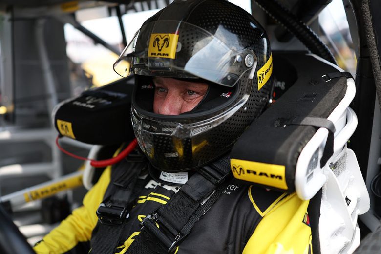 Ryan Newman sits in his truck.