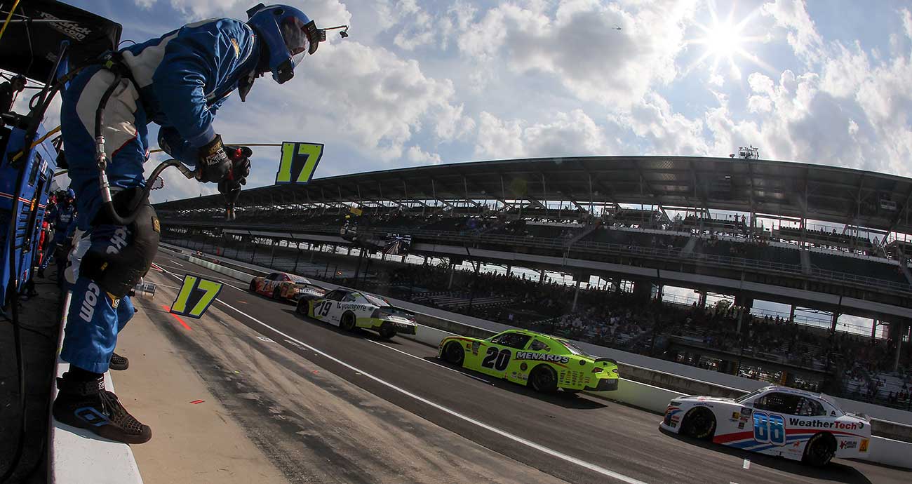 A Hendrick Motorsports crew member prepares for pit stops at Indianapolis Motor Speedway