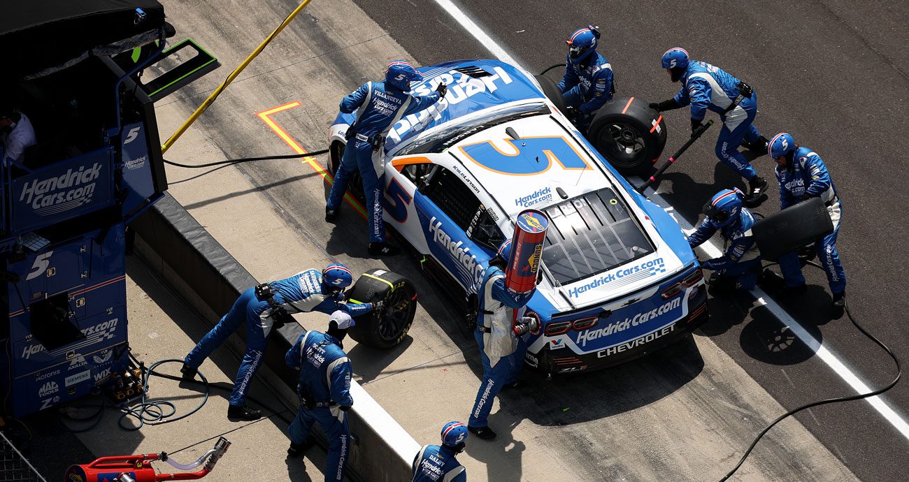 Kyle Larson pits during the 2025 Brickyard 400.
