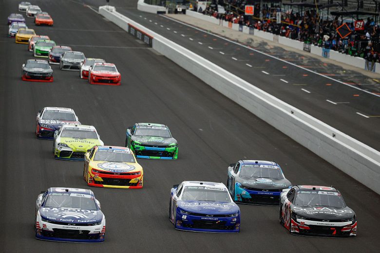 A general view of racing at Indianapolis.