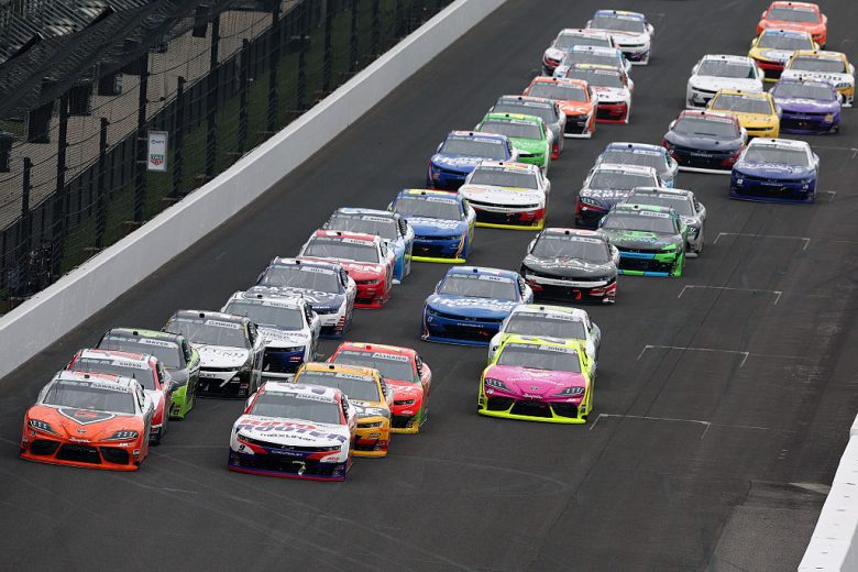 A general view of racing at Indianapolis.