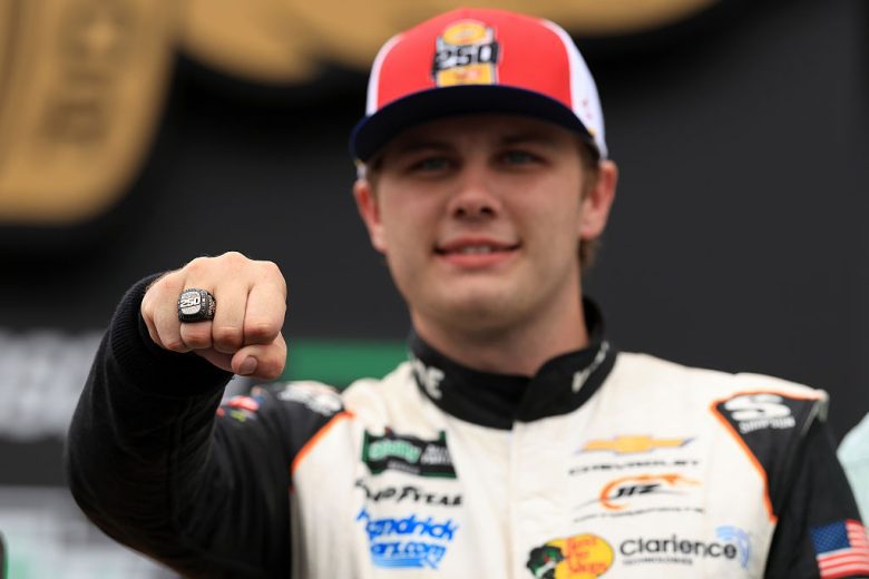 Carson Kvapil shows off his victory ring.
