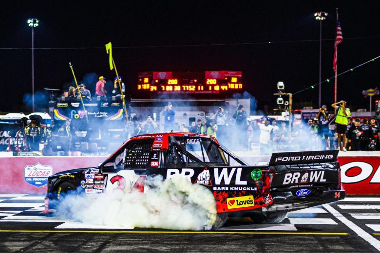 Layne Riggs does a burnout at IRP.