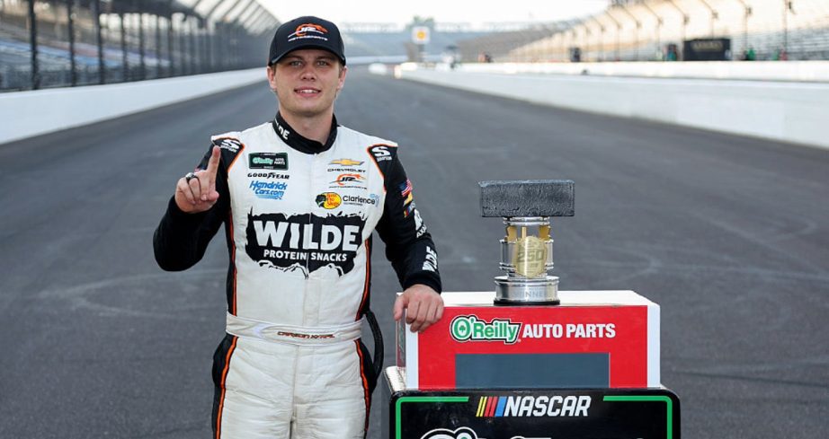 Carson Kvapil celebrates after winning at Indianapolis.