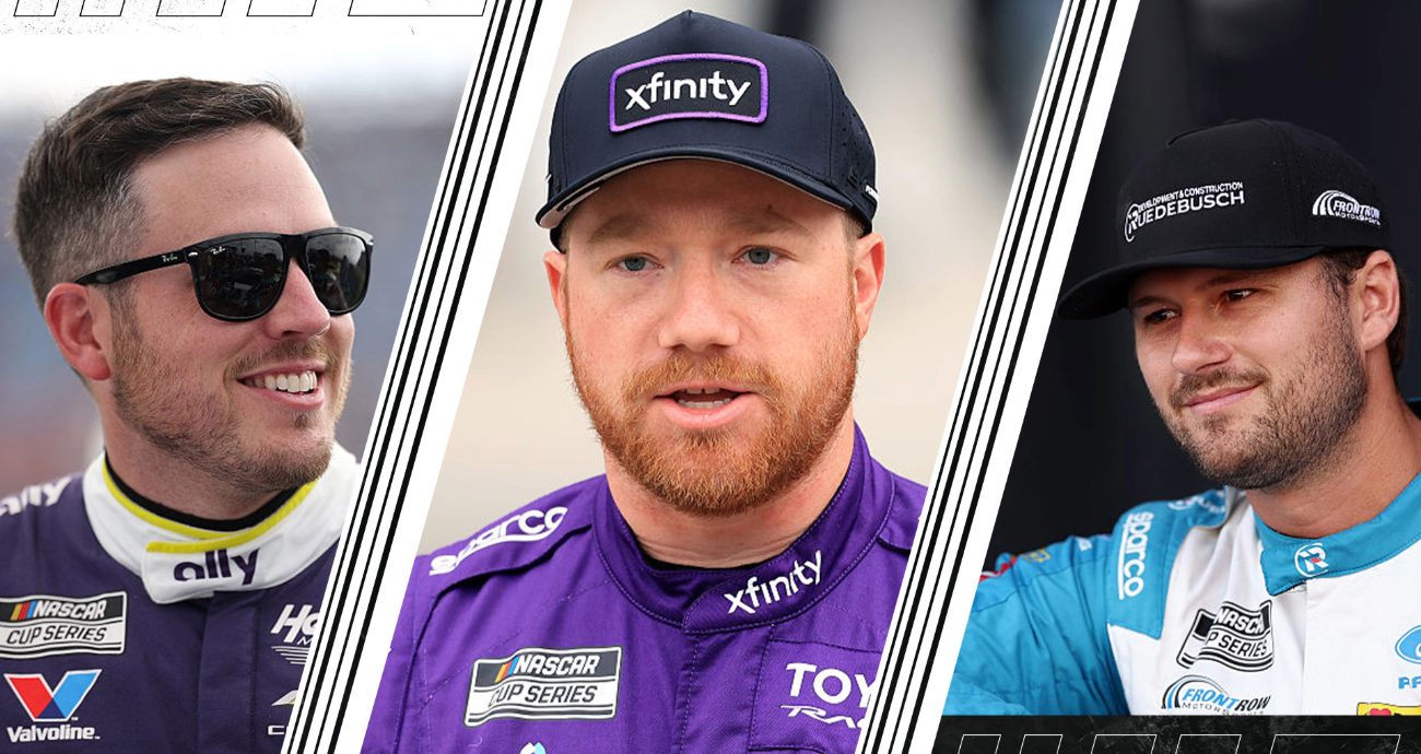 A split image of Alex Bowman (L), Tyler Reddick (C) and Todd Gilliland.