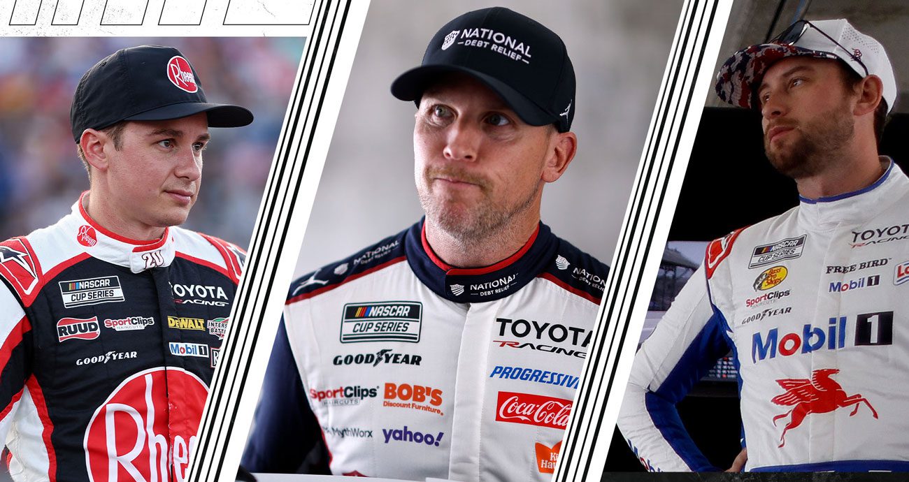 A split image depicting Christopher Bell (L), Denny Hamlin (C) and Chase Briscoe (R).