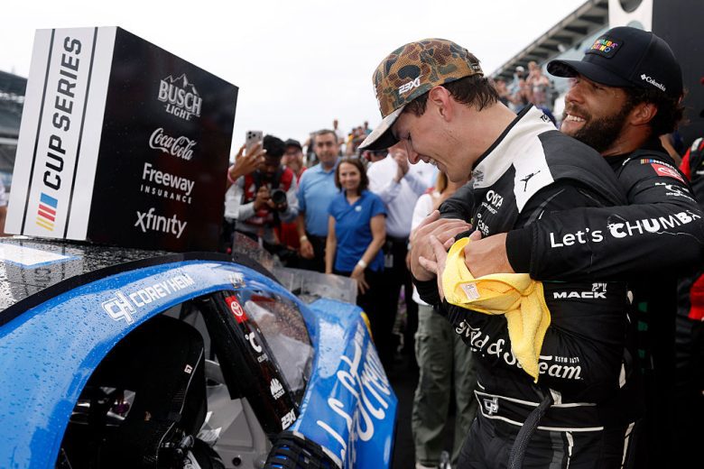 Bubba Wallace hugs Corey Heim.