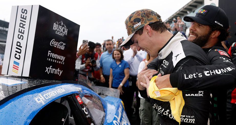 Bubba Wallace hugs Corey Heim.