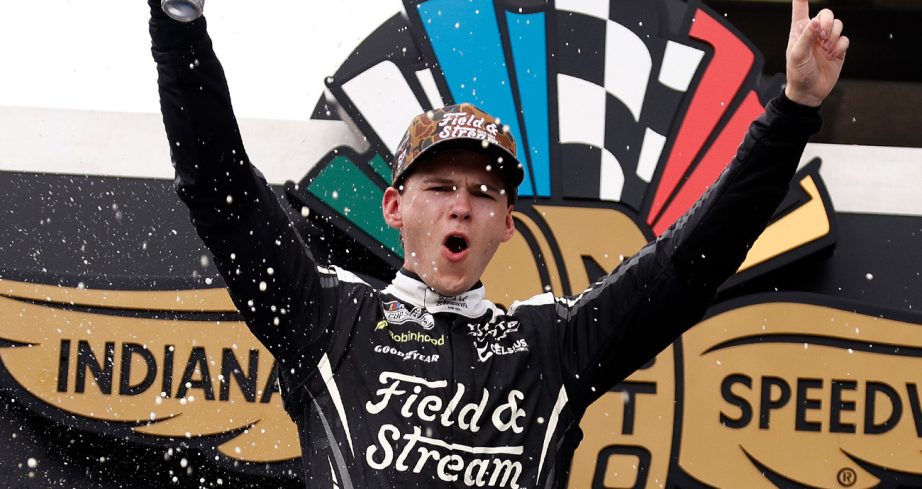 Corey Heim celebrates after winning the Brickyard 400 on July 26, 2026, at Indianapolis Motor Speedway.