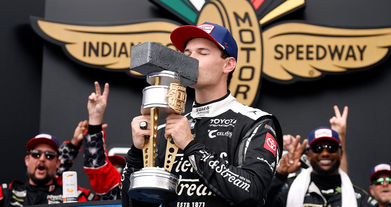 Corey Heim wins the NASCAR Cup series race on July 26, 2026, at Indianapolis Motor Speedway in Indiana.