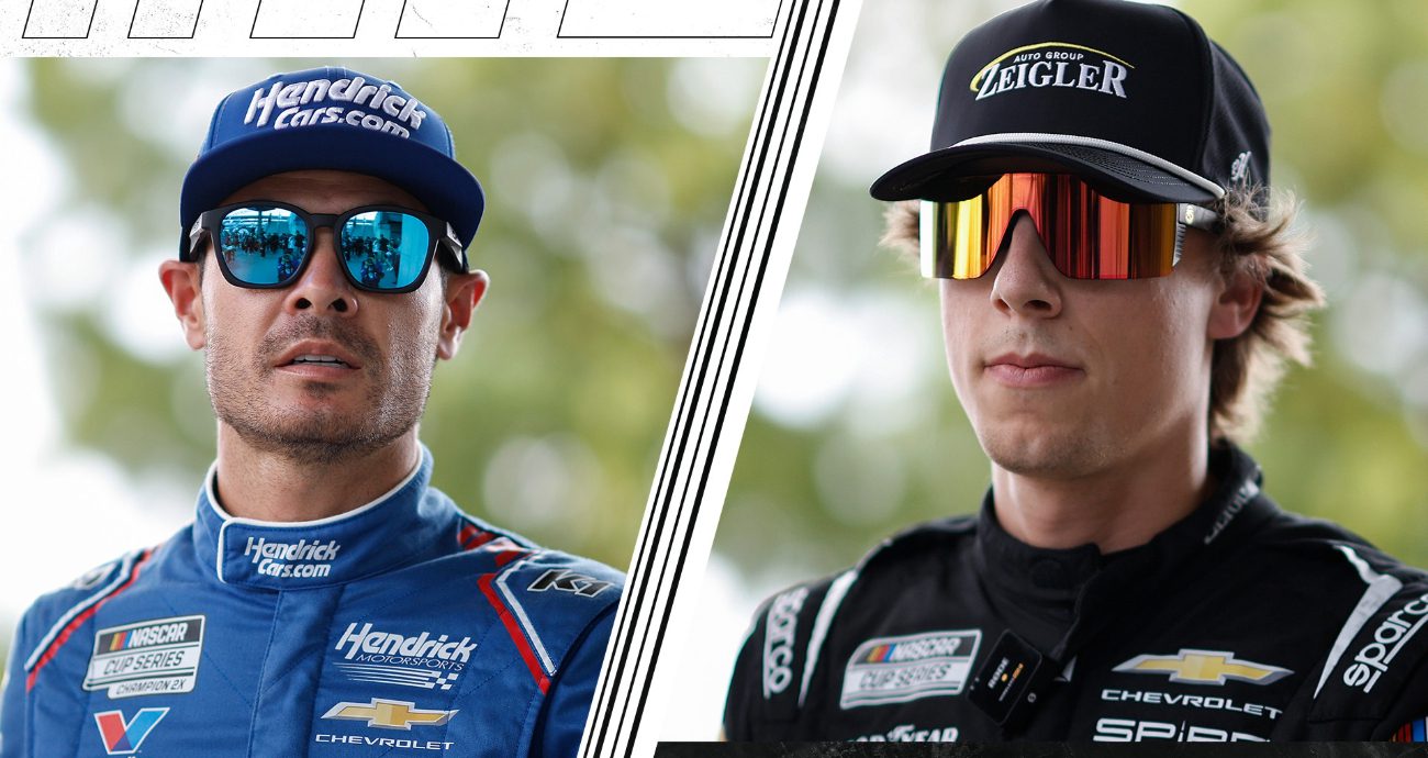 Kyle Larson and Carson Hocevar look on.