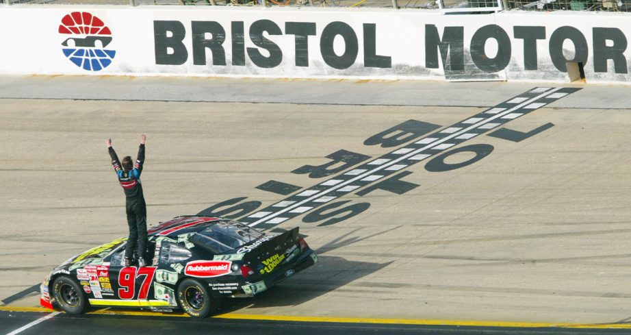 Kurt Busch celebrates his first NASCAR Cup Series victory on March 24, 2002, after winning the Food City 500 at Bristol Motor Speedway in Bristol, Tennessee.
