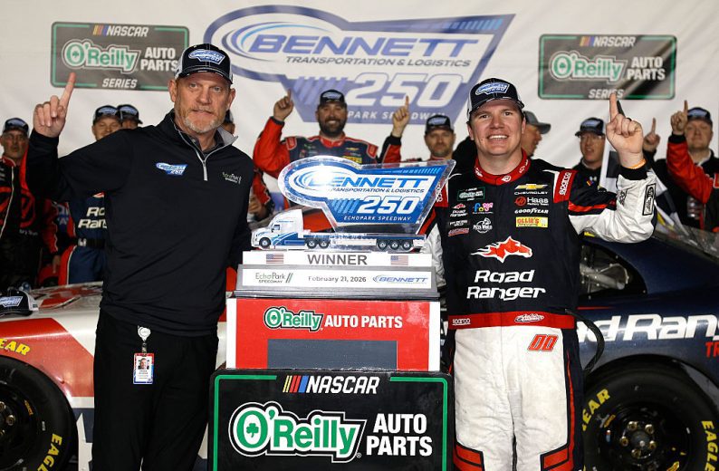 Brandon Hutchison (L) and Sheldon Creed (R) pose for a photo in Victory Lane at EchoPark Speedway.